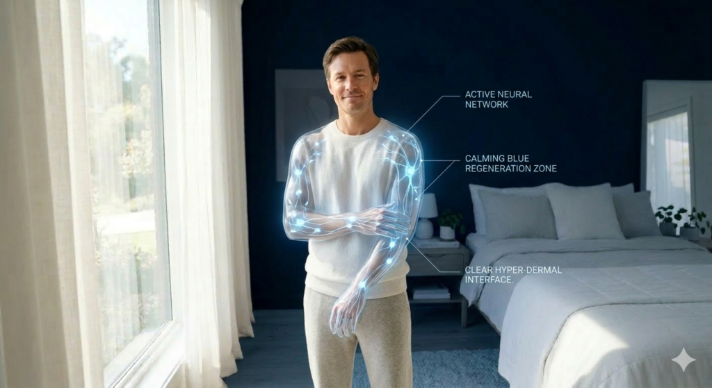 3D medical graphic showing a simple pure glowing neural network under a clear pure skin surface.