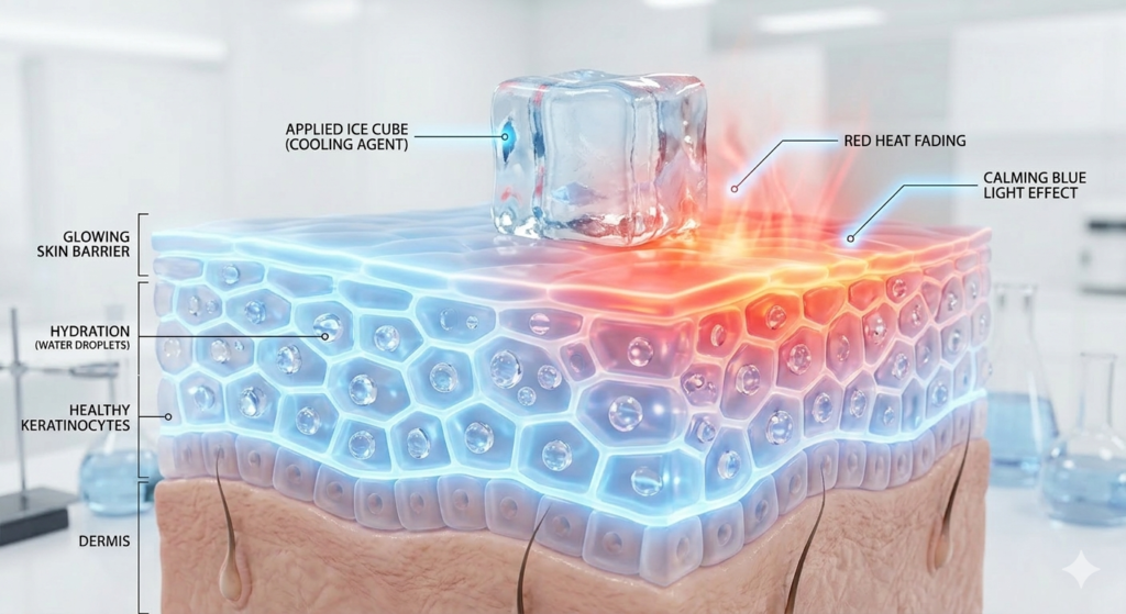 3D medical graphic showing a simple pure glowing skin surface being cooled down by a pure ice cube