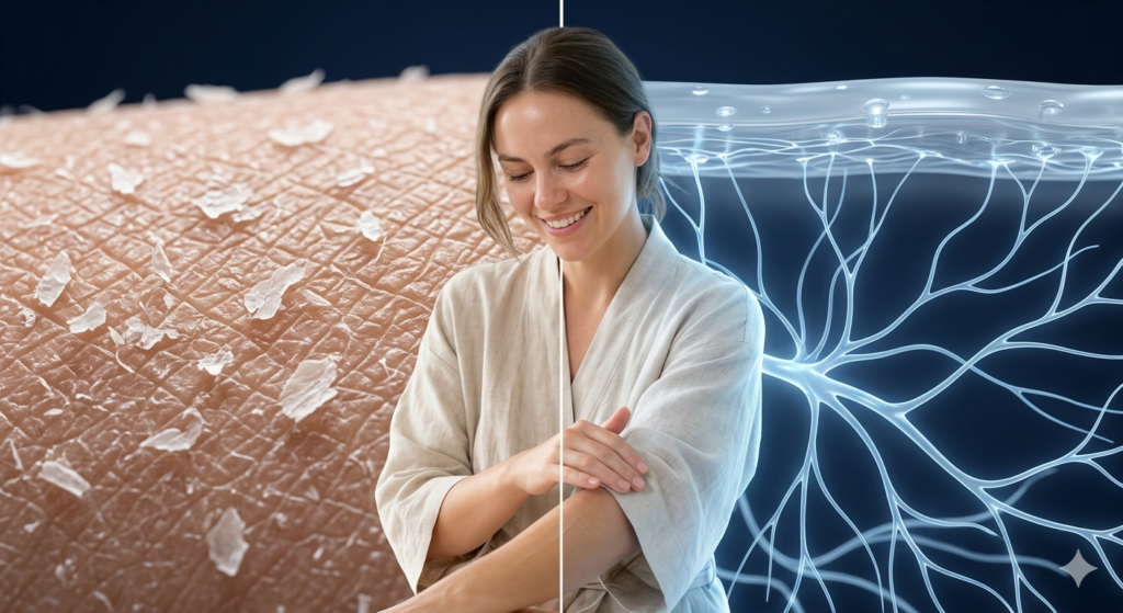 3D medical graphic showing a split view one side showing a dry skin barrier with pure white flakes