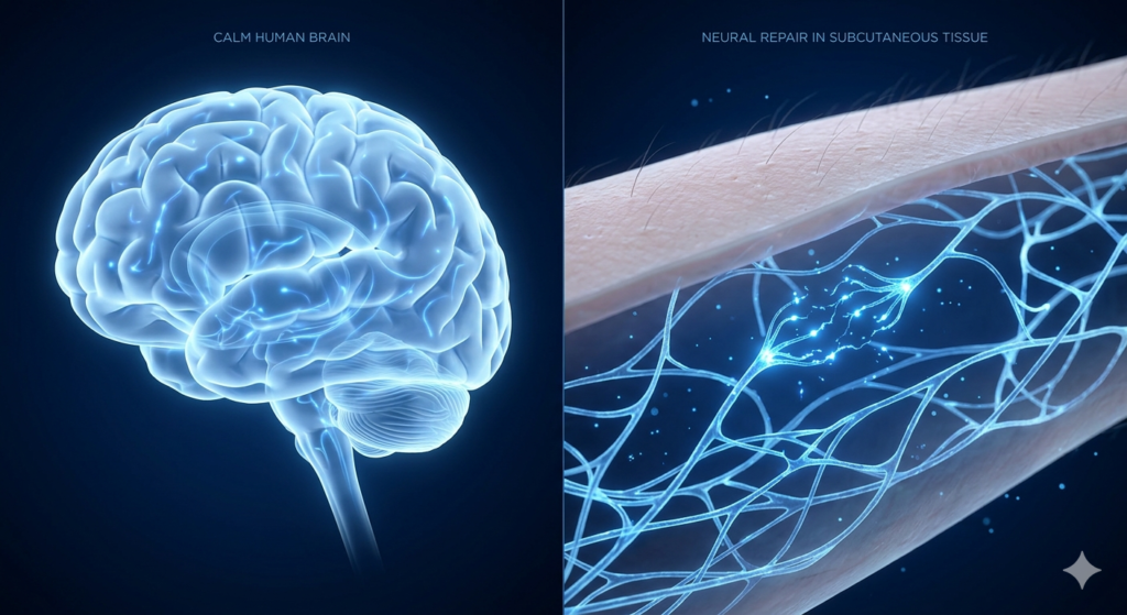 3D medical graphic showing a split view one side showing a glowing calm human brain.
