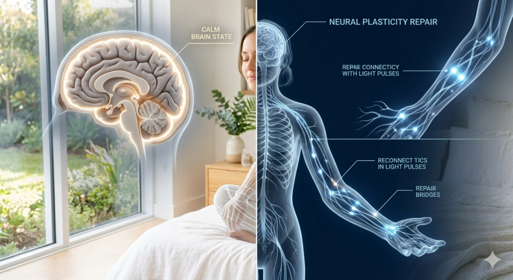 3D medical graphic showing a split view one side showing a glowing calm human brain