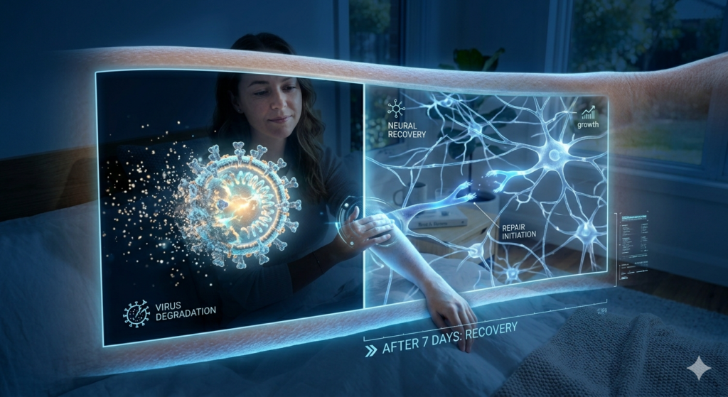 3D medical graphic showing a split view one side showing a glowing pure virus particle fading away