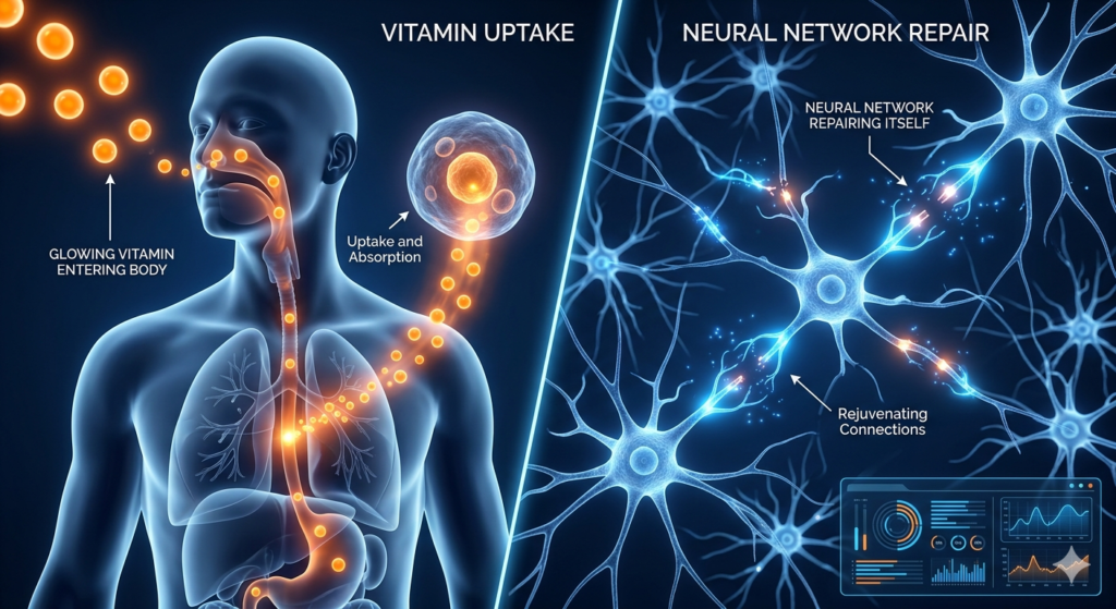 3D medical graphic showing a split view one side showing a glowing pure vitamin entering the body