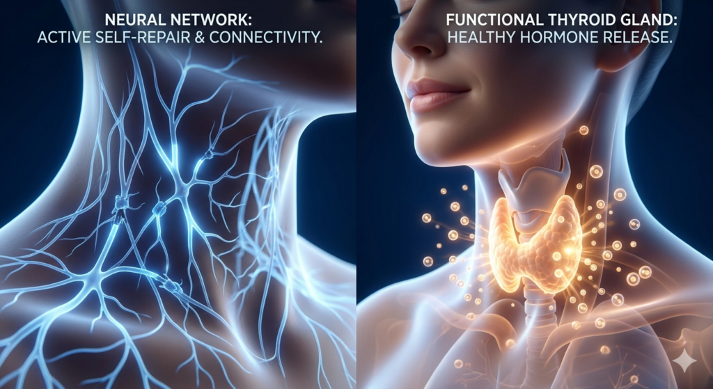 3D medical graphic showing a split view one side showing a pure glowing thyroid gland releasing healthy hormones