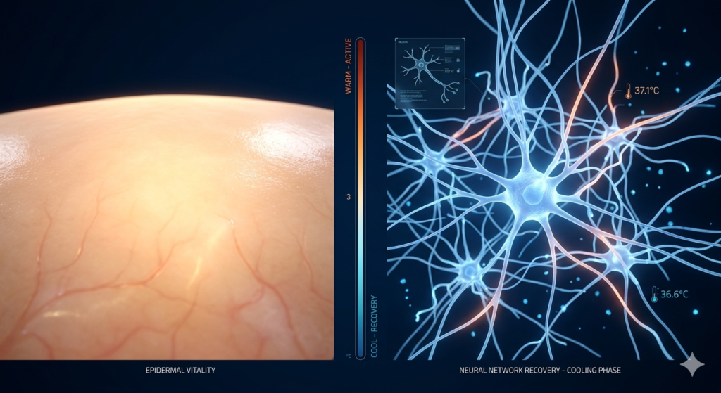 3D medical graphic showing a split view one side showing a warm glowing pure skin surface