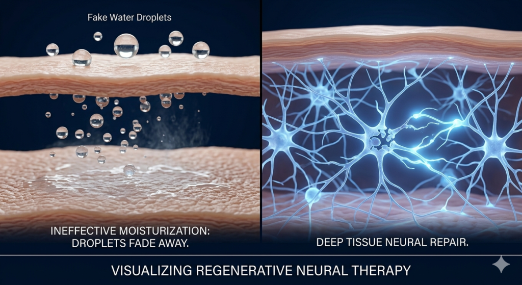 A highly modern clean 3D medical graphic showing a split view: one side showing fake pure water droplets fading away, and the other side showing a pure glowing neural network repairing itself under the skin. The pure nerve lines glow with soft cool blue light. The background is a stark dark blue. Scientific, clean, pure, bright 8k resolution.
