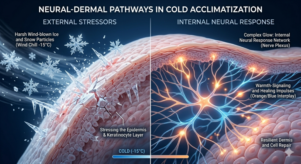 3D medical graphic showing a split view one side showing harsh cold wind snowflakes hitting the skin barrier