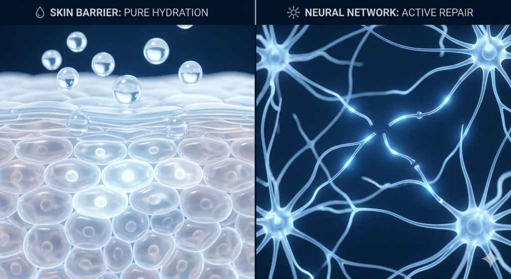 3D medical graphic showing a split view one side showing pure clear water droplets entering a healthy glowing skin barrier