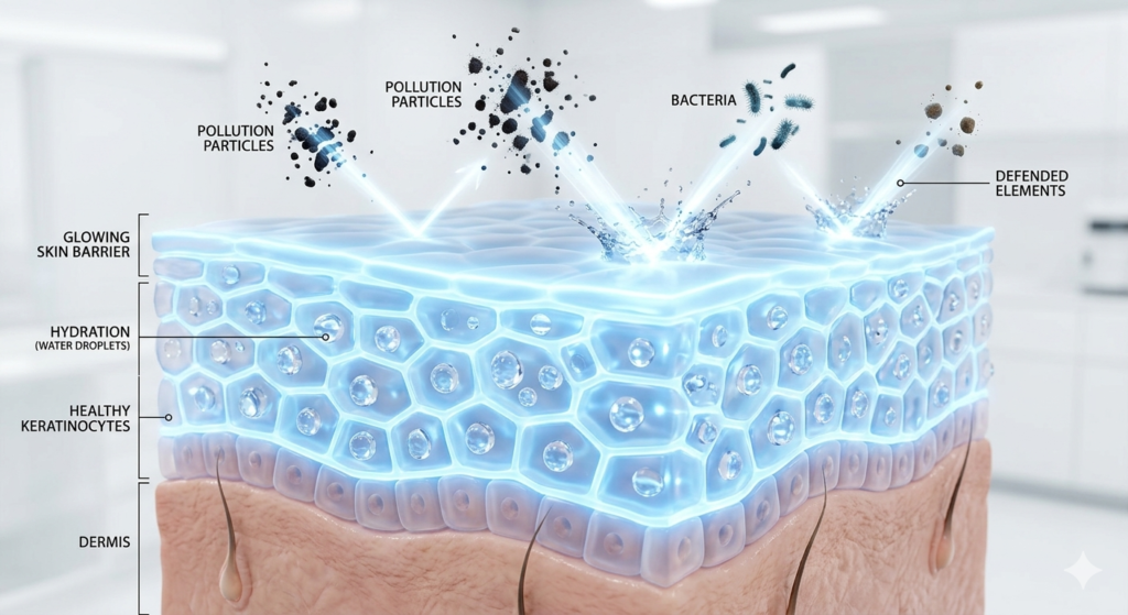 3D medical illustration showing a strong glowing skin barrier defending against external elements