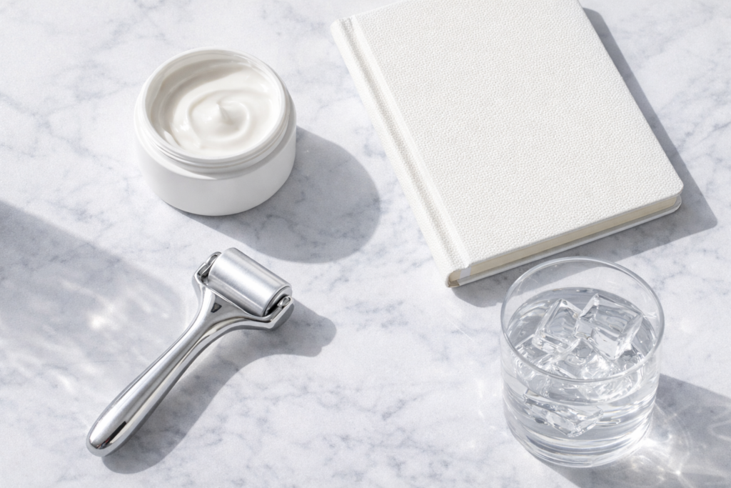 A beautiful clean flat lay on a modern white marble counter representing holistic skin healing