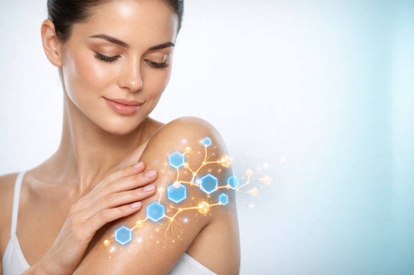 A beautiful woman with flawless, clear glowing skin gently touching her arm