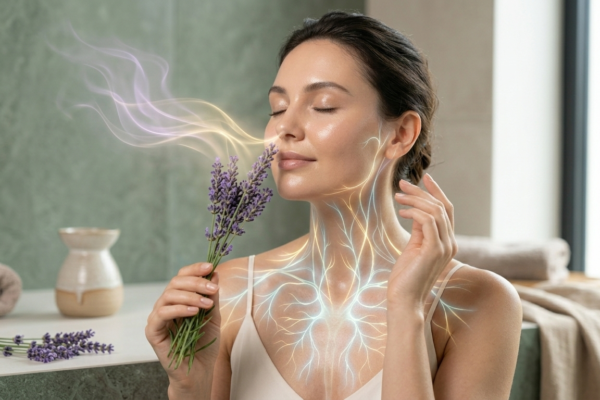 A serene woman with flawless glowing skin, eyes gently closed, smelling a sprig of fresh lavender
