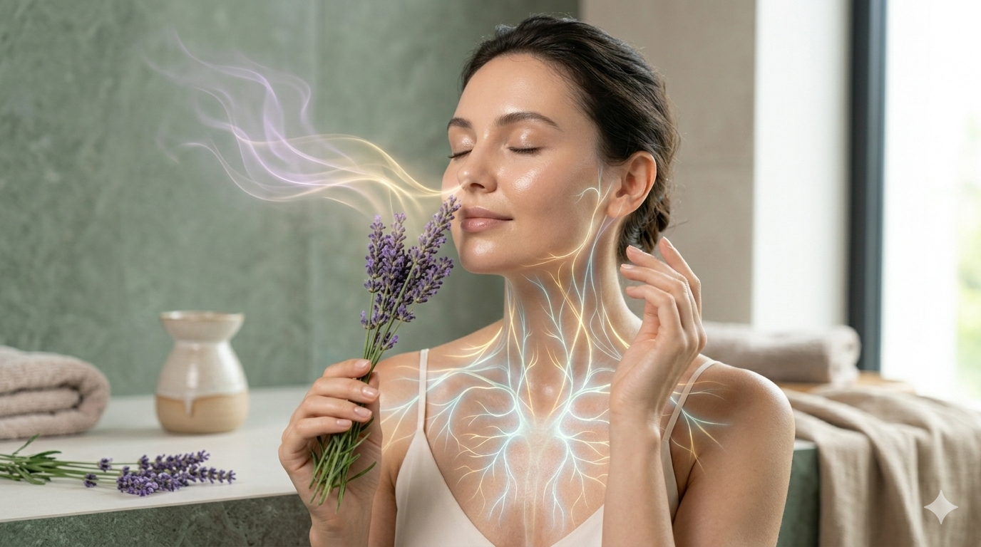 A serene woman with flawless glowing skin, eyes gently closed, smelling a sprig of fresh lavender