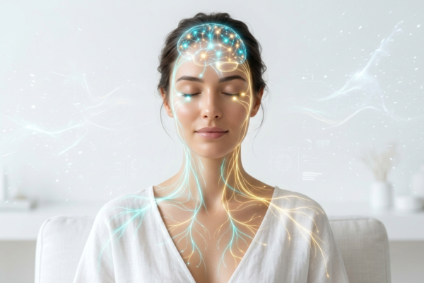 A serene woman with flawless glowing skin facing forward