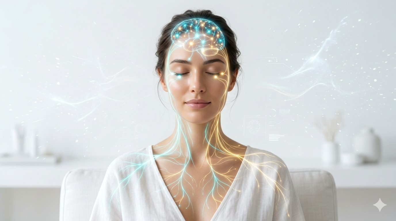 A serene woman with flawless glowing skin facing forward