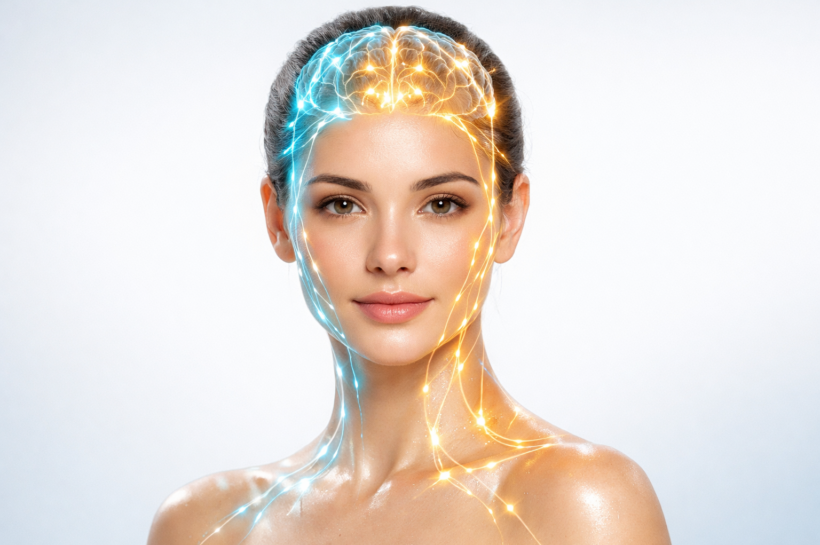 A serene woman with flawless glowing skin facing forward