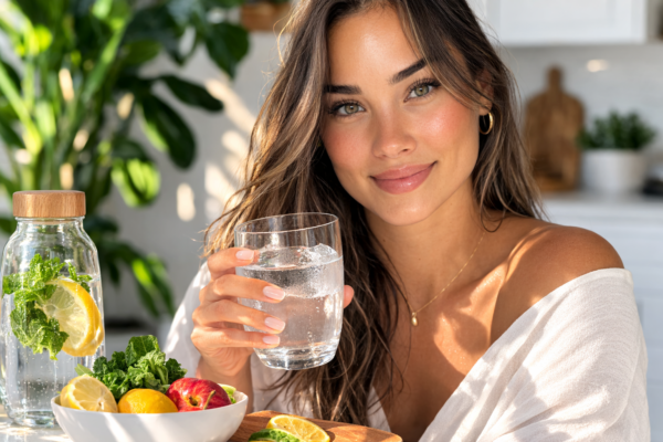 A serene woman with flawless glowing skin facing forward in a bright modern kitchen