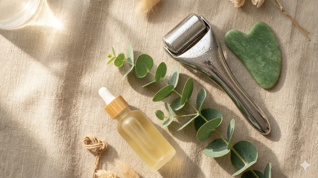 The arrangement features holistic nervous system regulation and skincare tools