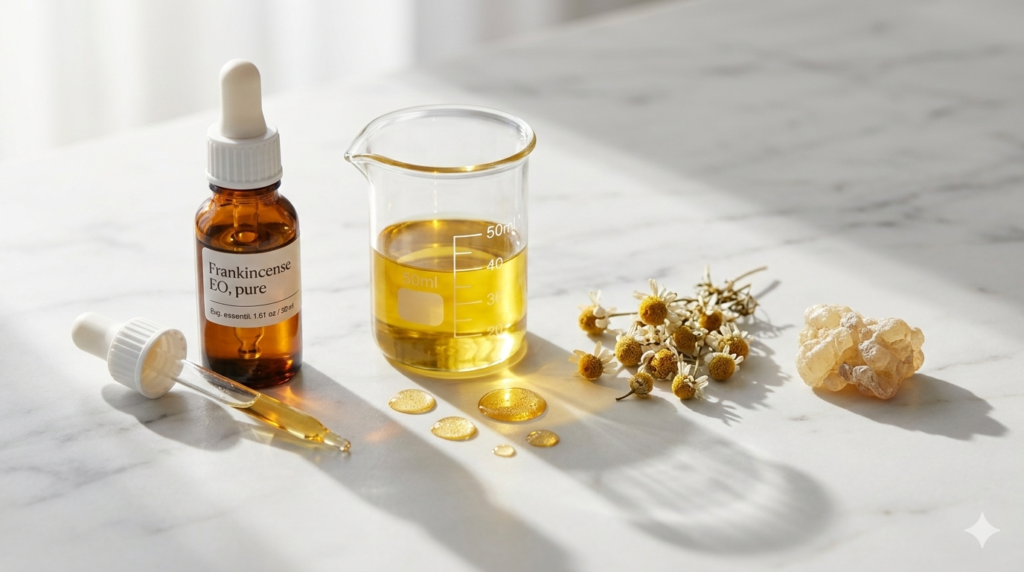 The arrangement includes an amber glass dropper bottle of essential oil