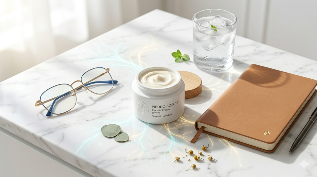 The composition includes a pristine white jar of thick soothing cream