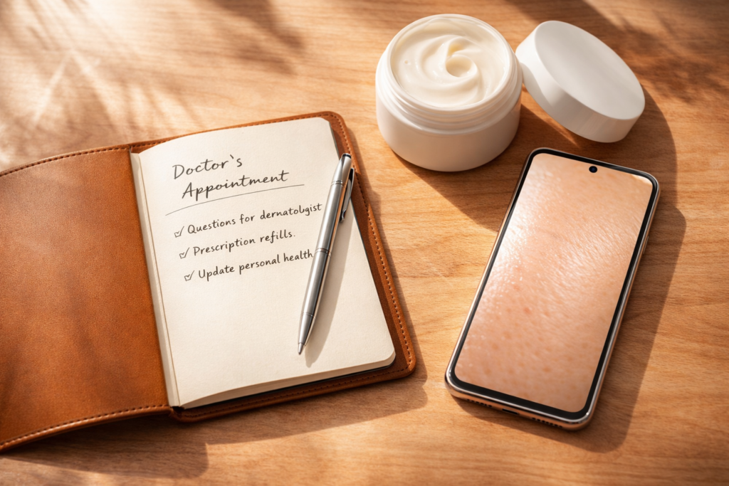 The composition includes a small, elegant leather notebook with neat handwriting