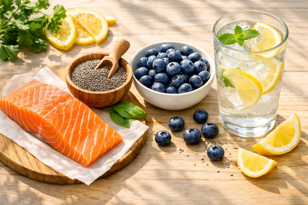 beautiful flat lay of healthy, skin-soothing foods on a clean wooden table