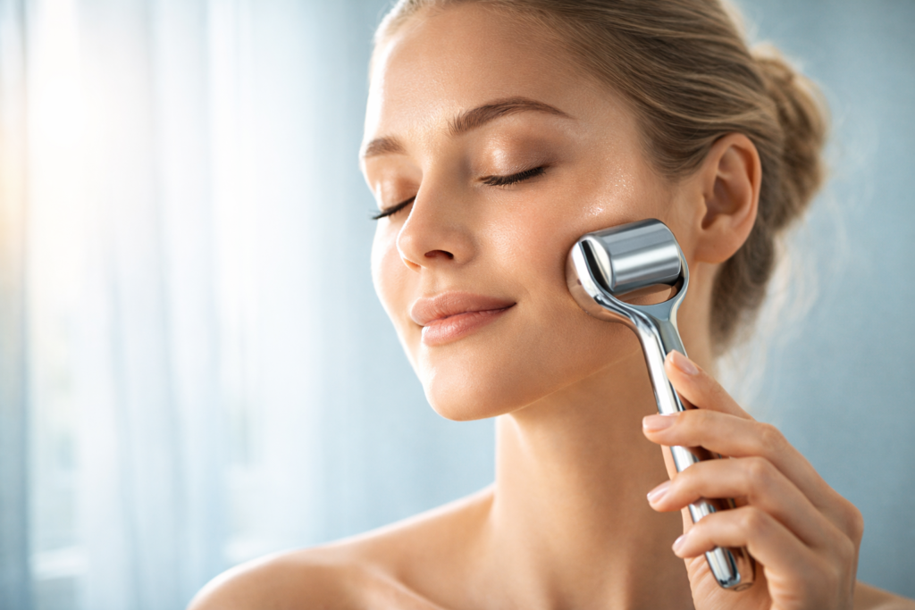 beautiful woman with flawless glowing skin applying a sleek, stainless steel facial ice roller to her cheek