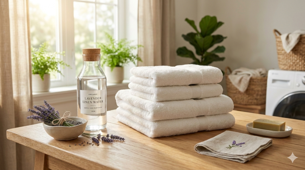 calming laundry routine setup on a smooth wooden table