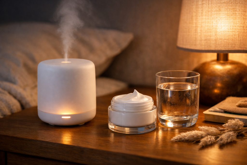 calming night routine setup on a smooth wooden bedside table