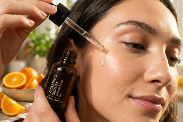 dropper bottle dispensing a single clear drop of Vitamin C serum onto a woman's flawless glowing cheek