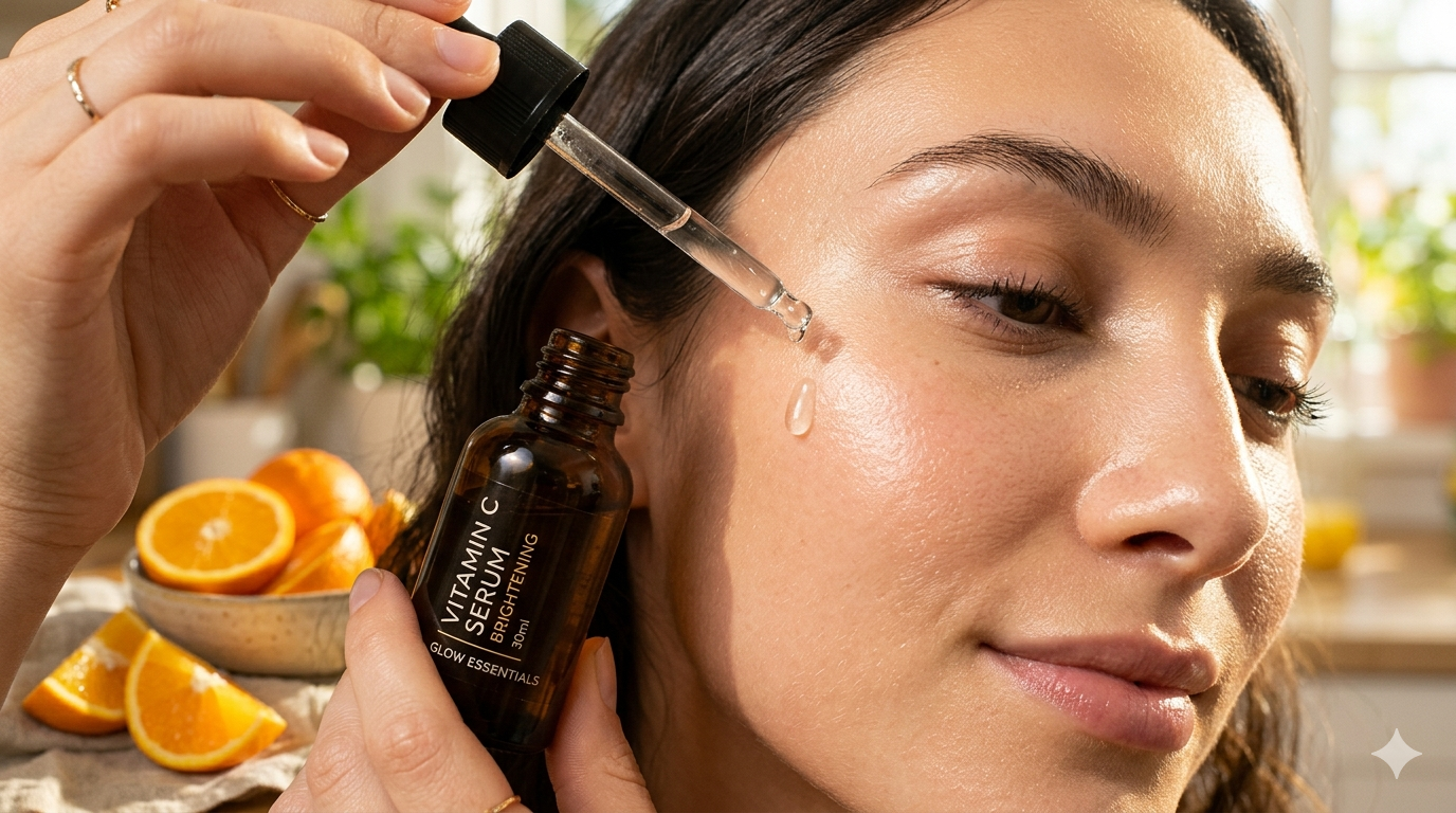 dropper bottle dispensing a single clear drop of Vitamin C serum onto a woman's flawless glowing cheek