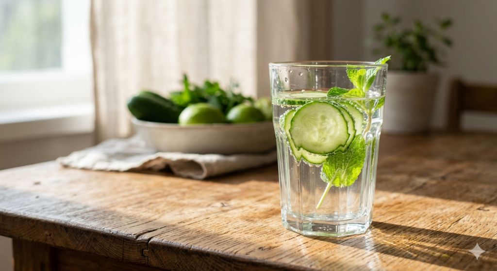 floating cucumber slices, and fresh mint leaves on a bright morning wooden kitchen table