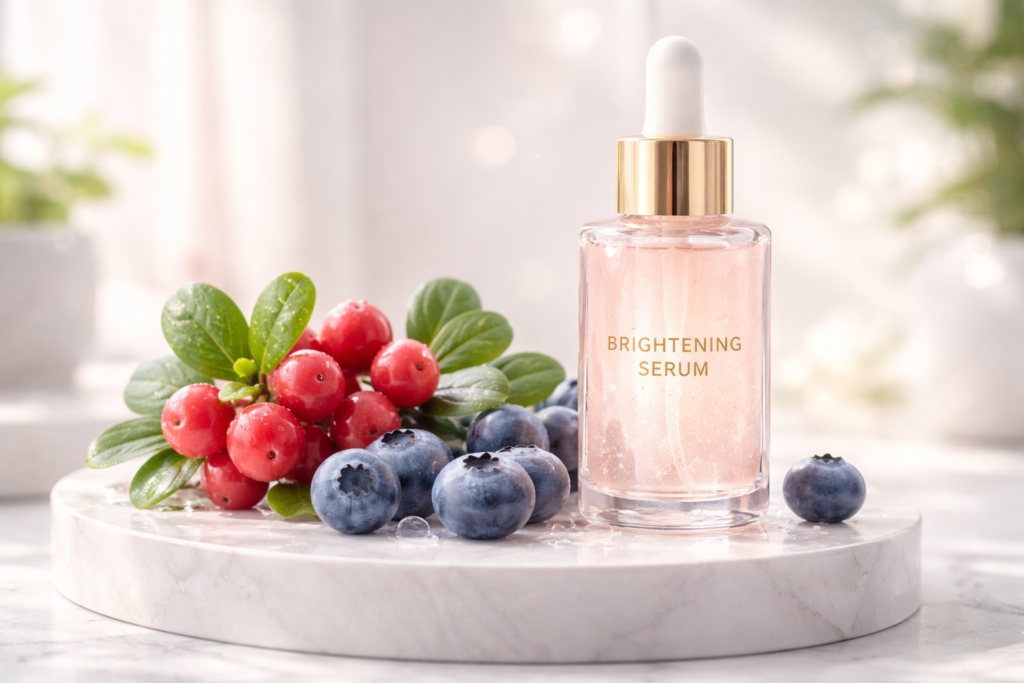 fresh raw bearberries and blueberries resting on a smooth white marble podium