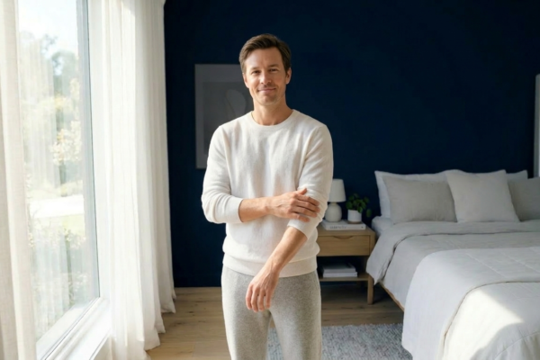happy man gently touching he soft clear arm in a modern bright bedroom