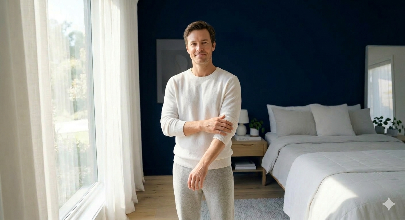 happy man gently touching he soft clear arm in a modern bright bedroom