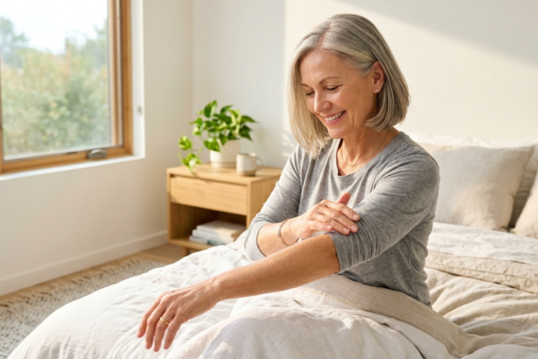 happy mature woman touching her clear glowing arm in a modern bright bedroom