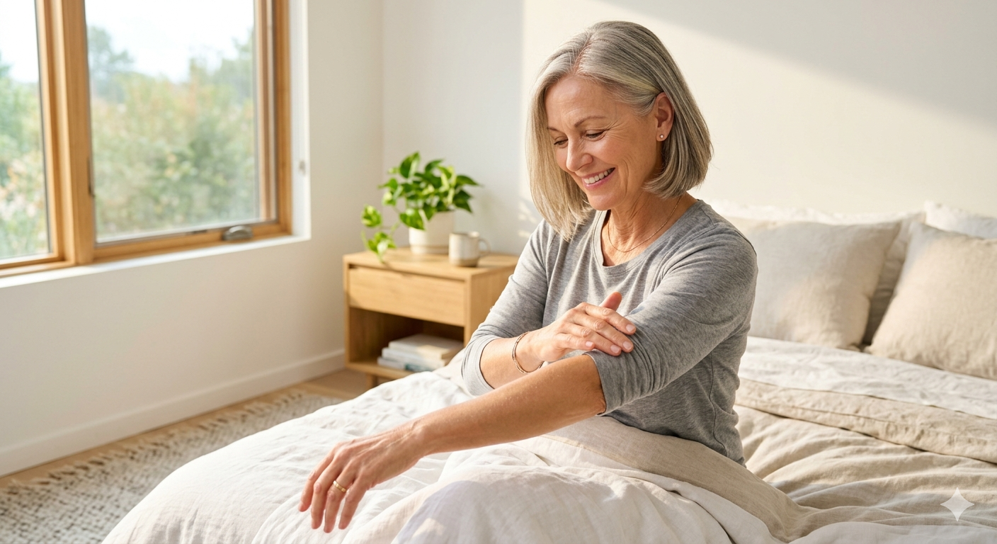 happy mature woman touching her clear glowing arm in a modern bright bedroom