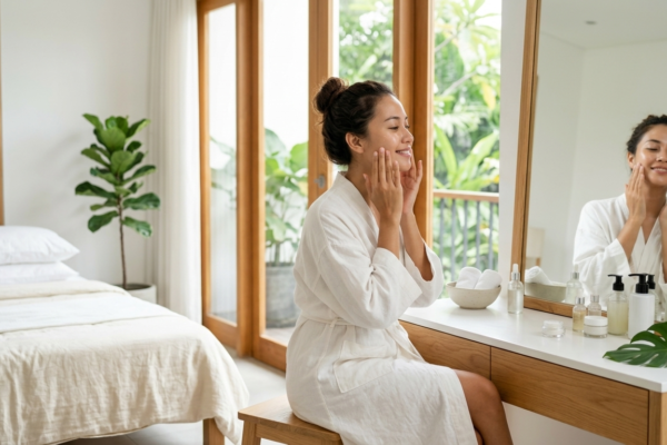 happy woman doing her daily calm skincare routine in a modern bright bedroom