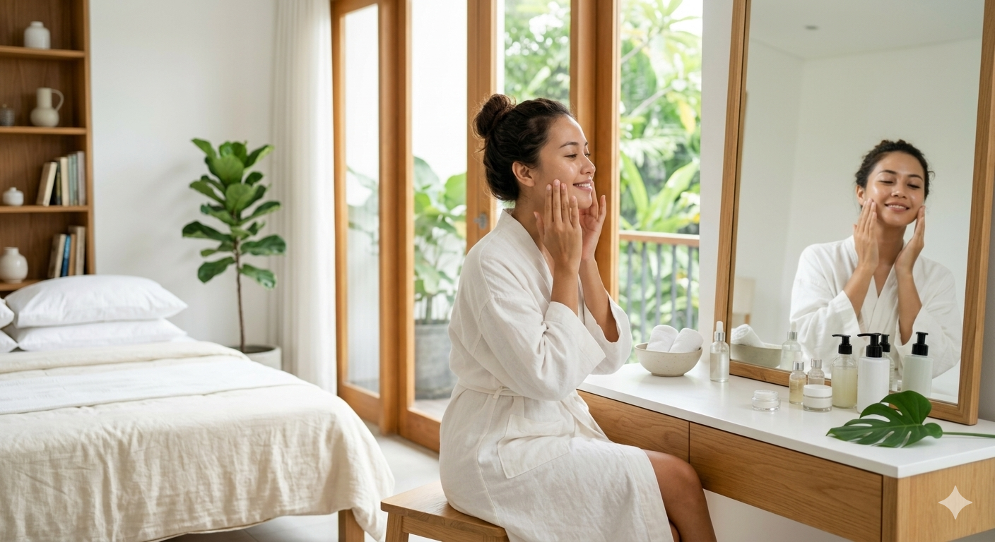 happy woman doing her daily calm skincare routine in a modern bright bedroom