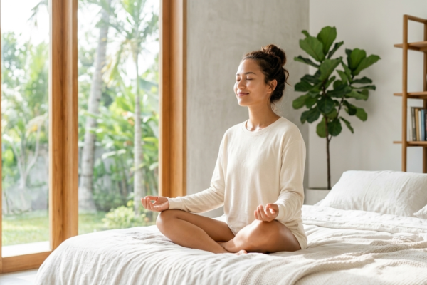 happy woman doing her daily deep breathing in a modern bright bedroom
