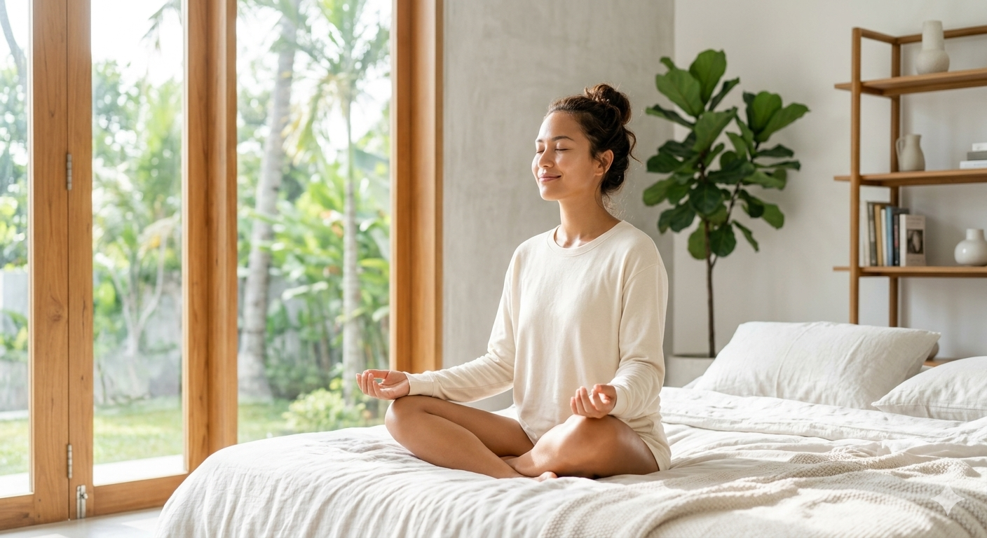 happy woman doing her daily deep breathing in a modern bright bedroom