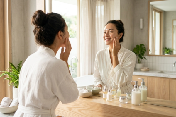happy woman doing her daily skin care routine in a modern bright bathroom