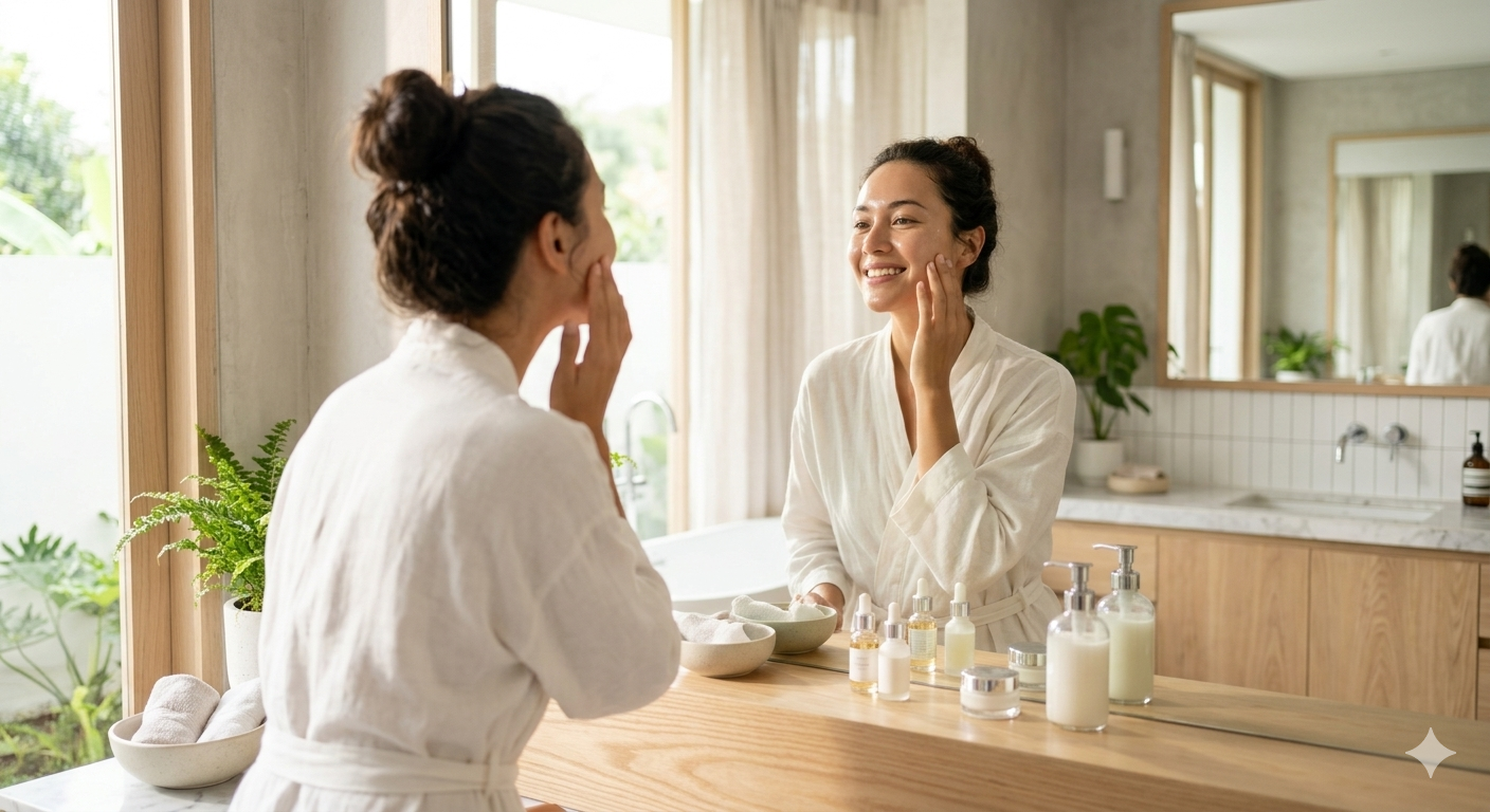 happy woman doing her daily skin care routine in a modern bright bathroom