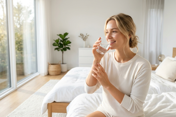 happy woman drinking a clear glass of pure water in a modern bright bedroom