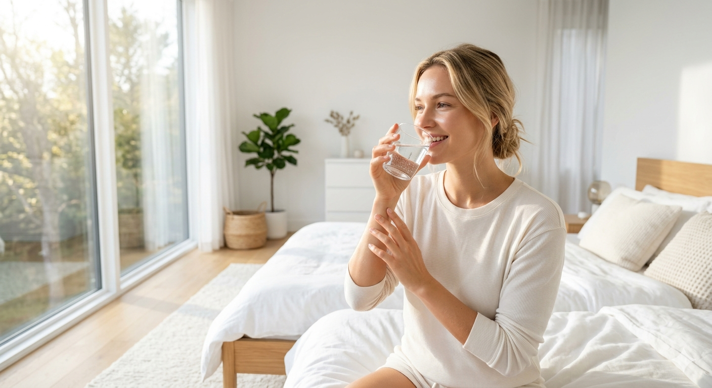 happy woman drinking a clear glass of pure water in a modern bright bedroom