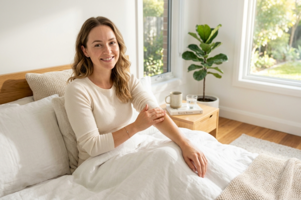 happy woman resting in a modern bright bedroom after recovering from a cold