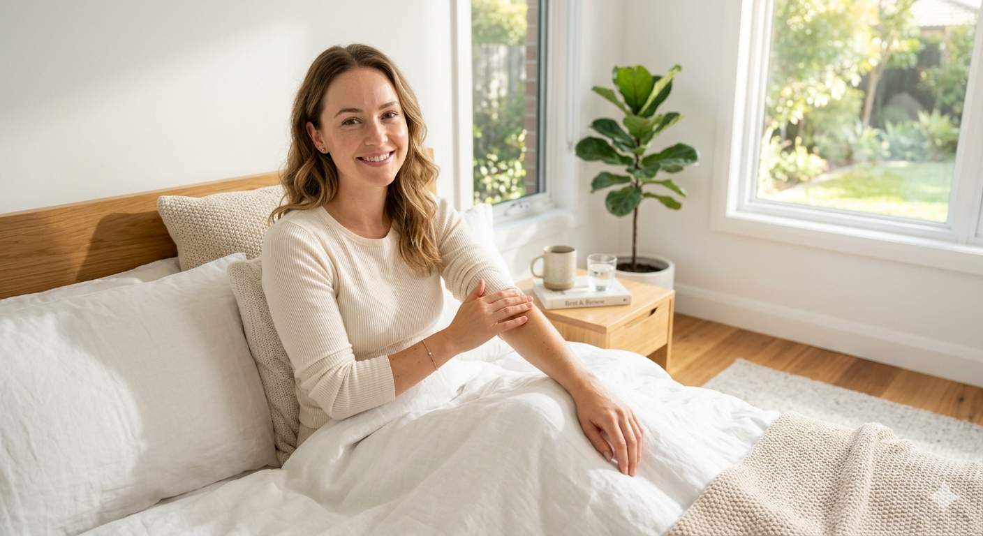 happy woman resting in a modern bright bedroom after recovering from a cold