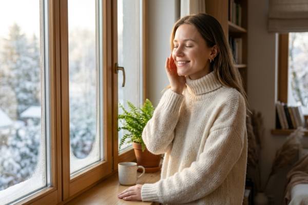 happy woman standing by a bright window on a cold day, wearing a soft warm sweater
