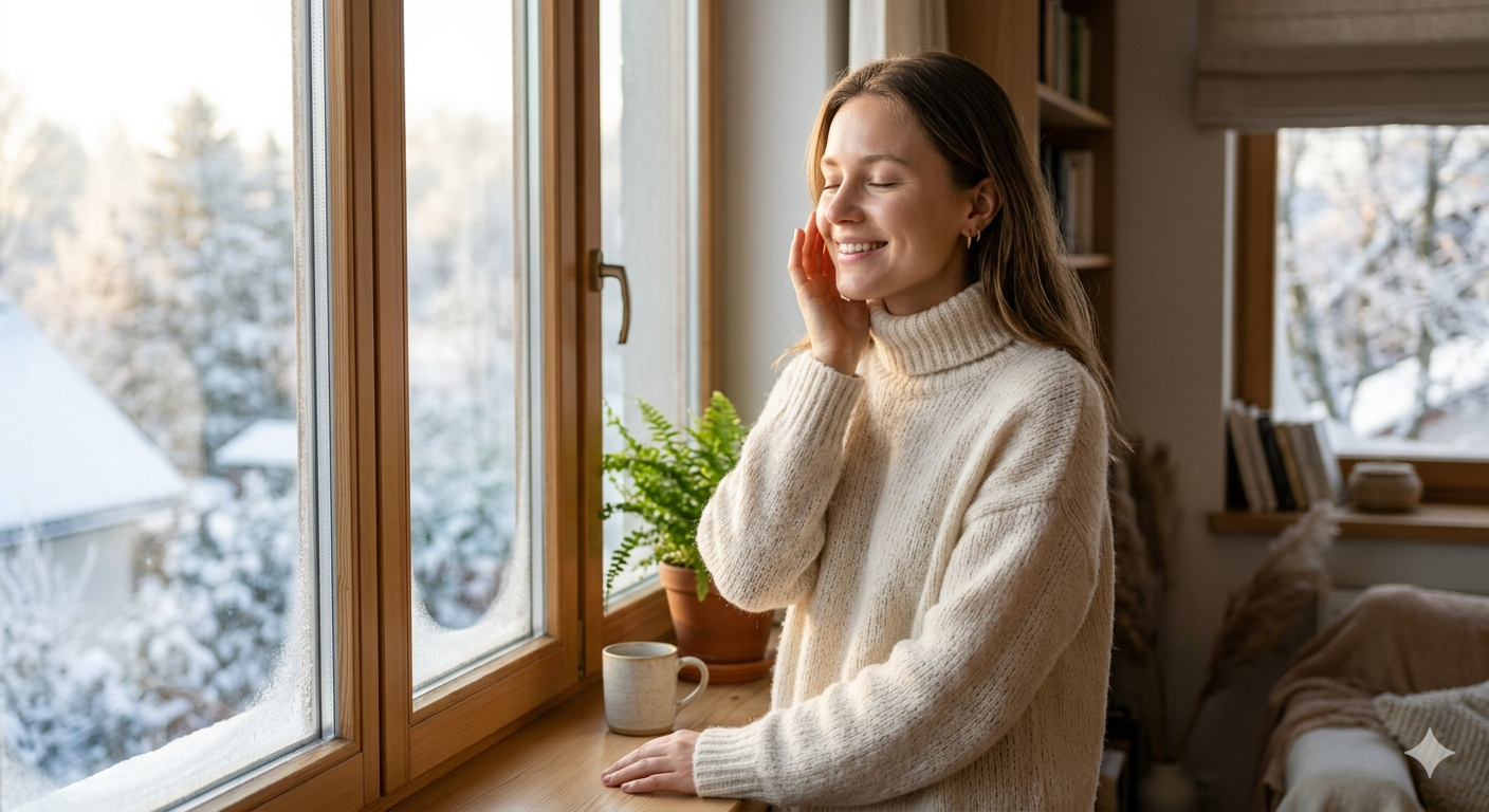 happy woman standing by a bright window on a cold day, wearing a soft warm sweater