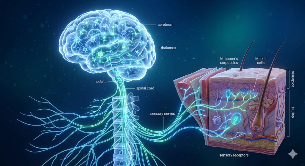 modern 3D medical illustration of a glowing human brain connected to sensory nerve endings in the skin
